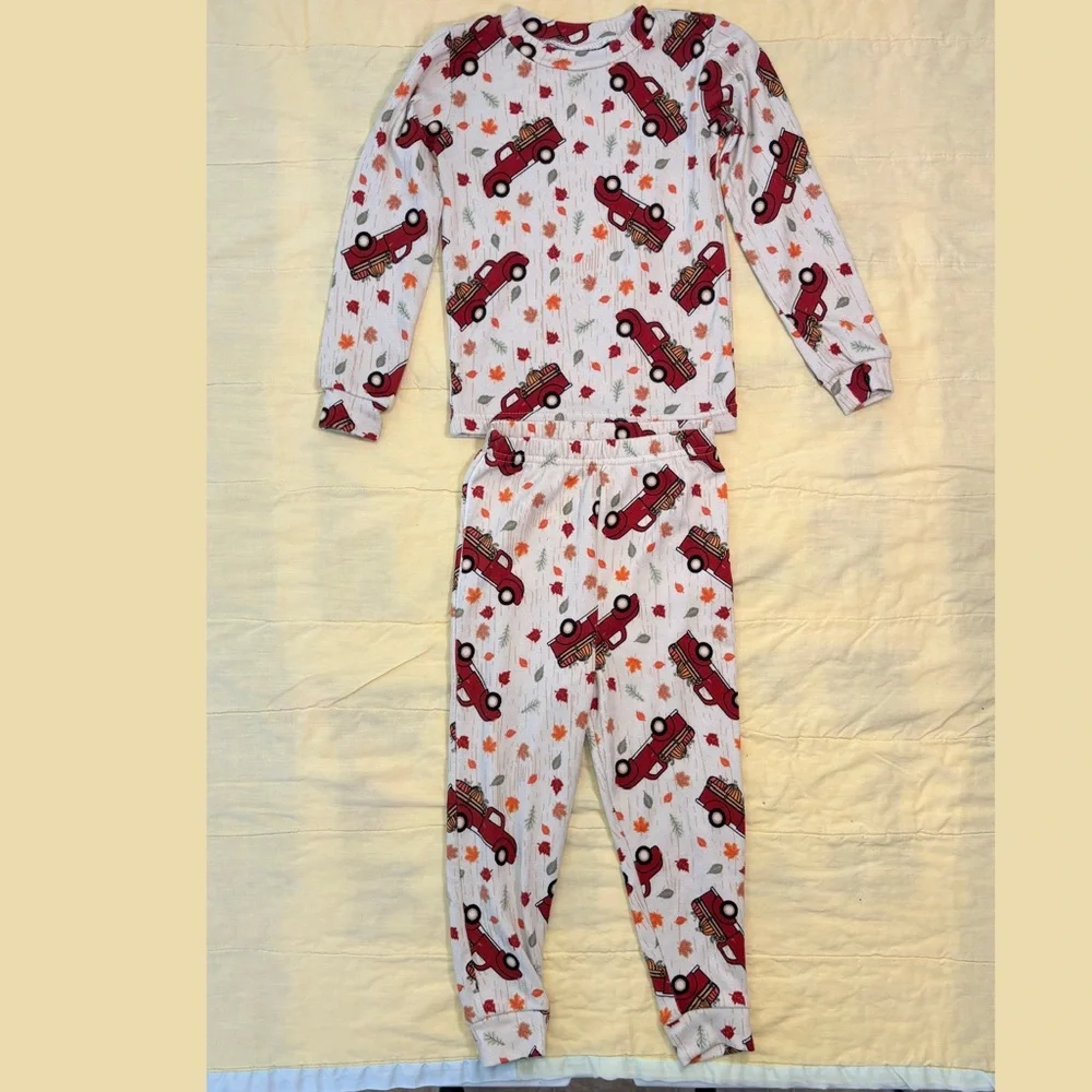 Kids PJ Bundle, 4T, Grinch Stripe Pajama Set & Fall PJs & Pumpkins Red Truck Set - Picture 2 of 16